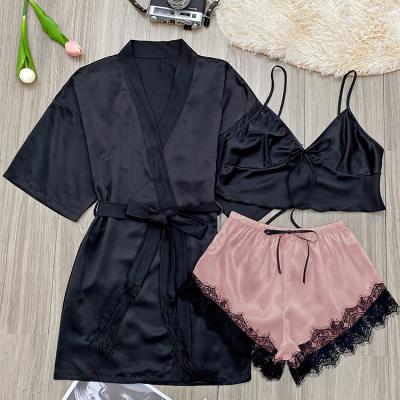 China Hot Selling QUICK DRY Products Luxury Lace Tied Three Pieces Sleepwear Pajamas Set For Women for sale