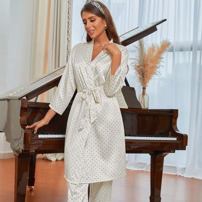 China QUICK DRY Four Seasons Wave Dot Three Piece Set Women Silk Pants Long Sleeve Pajama Sets for sale