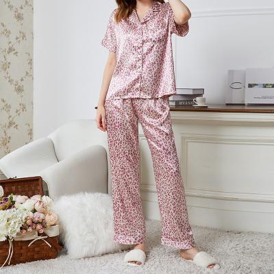 China Button QUICK DRY ice silk cardigan leisure leopard print sleeveless short long pants pajama set for sale