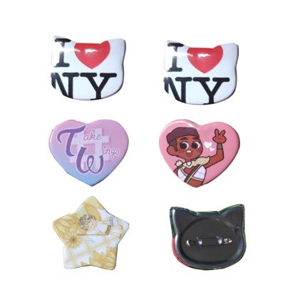 China OEM Nickel Free Mini Star Cat Heart Shape Shaped Plastic Custom Logo Tin Plate Tinplate Button Badge Pin Badge 45mm for sale