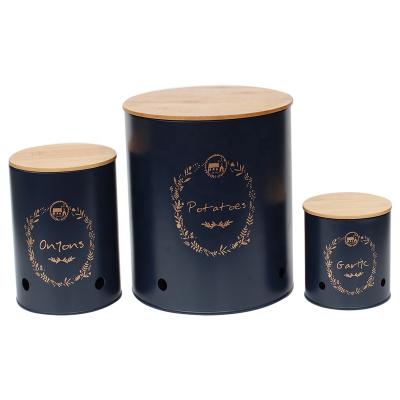 China Food Storage Box Kitchen Storage 3 Pack Potato Storage Container Bin With Metal Bamboo Lid Customized Potato Onion Garlic Canister Set for sale