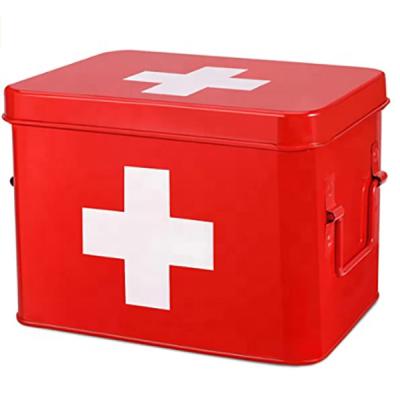 China Household Home First Aid Dedicated Galvanized Medical Storage Box With Double Layer And Compartments Metal First Aid Tin Box for sale