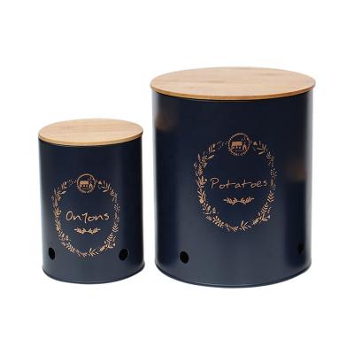 China Food Storage Box Onion Kitchen Storage Metal Canisters Jars 2 Pack Set With Lid Metal Potato Bamboo Storage Box for sale