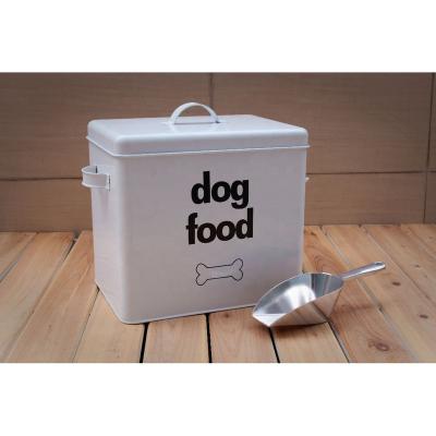 China Food Container Customized Galvanized Pet Food Treat Canister With Scoop Serving Power Coated Metal Dog Food Storage Container for sale