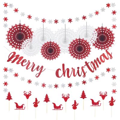 China Eco-friendly Materials Glitter Merry Christmas Banner, Home Party Hanging Decoration, Honeycomb Paper Fans, Snowflakes Garland, Cupcake Toppers for sale