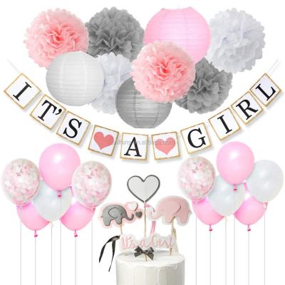 China Disposable Eco-Friendly Baby Shower Decorations For Girl Party Supplies Set55 Package Pink Gray Kit Banner White Garland Pompom Tassel For Decoracion Hogar for sale