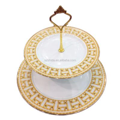 China Viable European style high quality porcelain round 2 tier porcelain cake stand with gold for sale