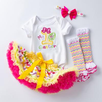 China Anti-Shrink 4 Piece Set Rainbow Color Easter Outfit Newborn Easter Egg Embroidered Soft 100% Cotton Babygirl Princess Romper Tulle Dress for sale