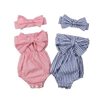 China Baby Casual Clothes Fashion Baby Blue Stripes Overalls Bow Big Off Shoulder Baby Rompers With Headband for sale