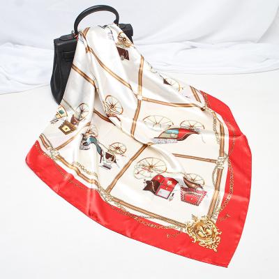 China Designer Classic Carriage Pattern Square Satin Scarves Custom Printed Silk Satin Scarf for sale