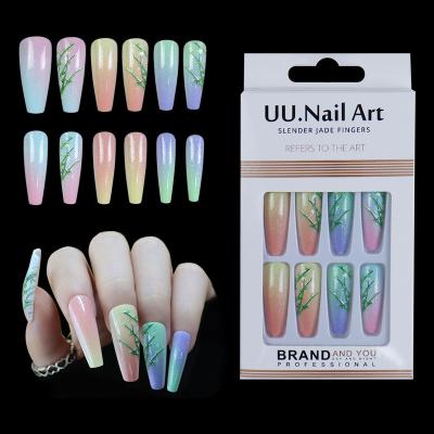 China Flexibility Wholesale Artificial Coffin Nails Fake Nail Press On French Nails Flowers With 3D Butterfly False Tips for sale