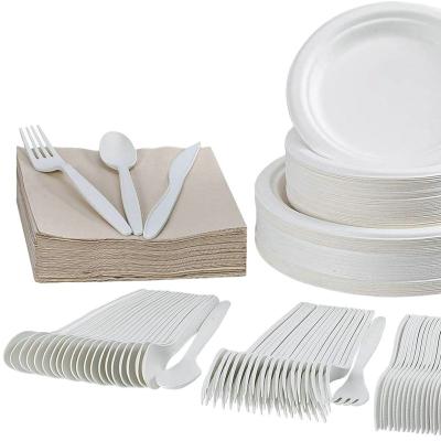 China Disposable Eco-friendly Sugarcane Tableware Set Compostable Tableware Set Bagasse Cutlery Biodegradable Dishes For Party for sale