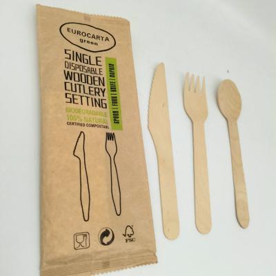 China Sustainable Biodegradable Disposable Wooden Cutlery Sets Pack With Paper Bag Spoon Paper Wrapped Wooden Fork And Knife for sale