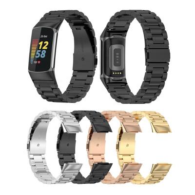 China Adjustable Smart Watch Link Bracelet Wrist Strap For Fitbit Charge 5 Classic Metal Three-Bead Replacement Stainless Steel Watch Band for sale