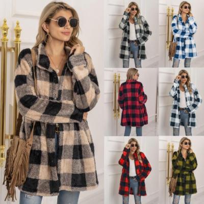 China Wholesale Women's Anti-wrinkle Coated Warm Long Sleeve Mid Length Coat S-2XL New 2021 Winter Plush Plaid Long Coat for sale