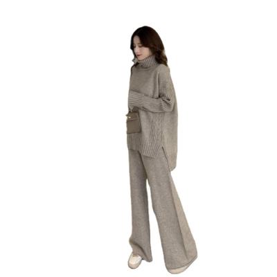 China Wholesale Sustainable Women's Sweater Sets 2021 Fall Turtle Neck Loose Fashion Casual Knitted Wide Leg Pants Two Piece Set for sale