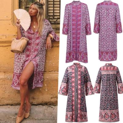 China 2021 Autumn Bohemian Beach Dressbuttoned Cardigan Middle East Plus Size Anti-Static Wholesale Women Long Dress Printed Casual Dresses for sale