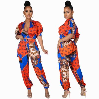 China 2021 Autumn New Style Printed Fashion 2PCS Casual Two Piece Set Puff Sleeve Pants Breathable Women's Sets Wholesale for sale