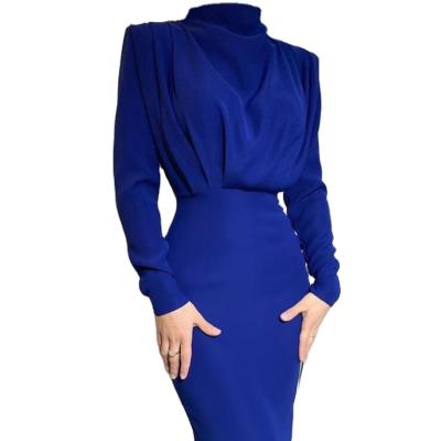 China Wholesale breathable women dresses 2021 autumn new fashion temperament pleated solid color slim long-sleeved dress for sale