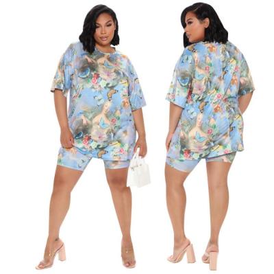 China Wholesale Plus Size Women's Breathable Clothing 2021 Summer New Printed T-shirt Fashion Sets Short Sleeve Shorts 2PCS 3D Printed Set for sale