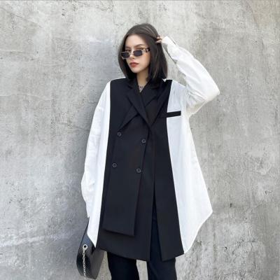 China 2021 Autumn Long-Sleeved Irregular Top Lapel Shirts Women's Shirts Wholesale Plus Size Loose Black White Pungent Shirt Blouse Jacket QUICK DRY for sale