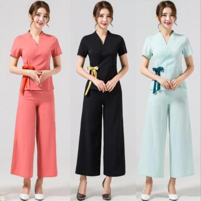 China 2021 Autumn New Foot Wide Leg Series Workwear Beauty Salon Uniforms Wholesale Comfortable Women Spa Bath Hotel Temperament Workwear for sale