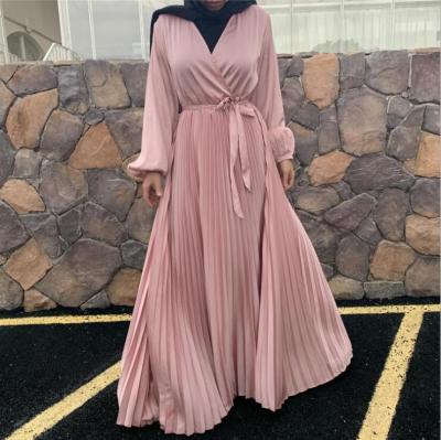 China 2021 Muslim Autumn New Fashion Dubai Long-Sleeved Abaya Dress Modest Muslimah Styling Wholesale Women's V-Neck Stitching Pleated Floor-Length Dresses for sale