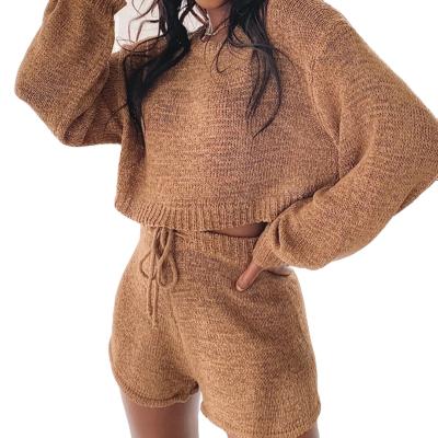 China Anti Wrinkle Tie Wrap Anti Wrinkle Sheath Long Casual Solid Loose Sweater Set Two Piece Round Neck Bubble Sleeve Women's Clothing for sale