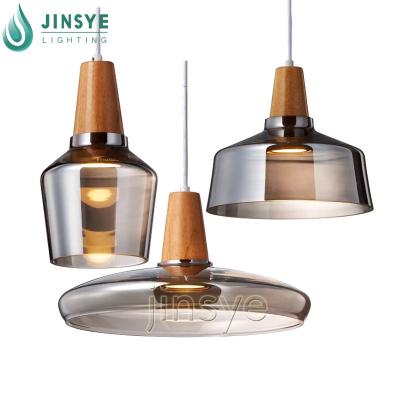 China Hotel Smoke Wooden Gray Glass Lamp Restaurant Hanging Pendant Light Glass for sale