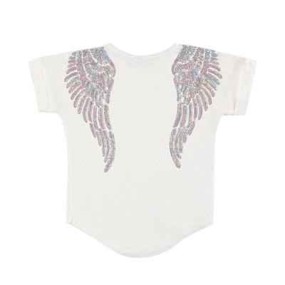 China Latest Designs Girl Sequin Wing Loose T-shirt White Vintage Anti-Shrink T-Shirts Girls for sale