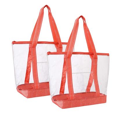 China Fashionable custom printed clear waterproof graceful transparent pvc burnt orange women tote beach bag with zipper shopping for sale