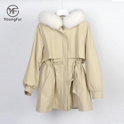 China Breathable cotton outlet shell with natural rabbit fur striping fox fur collar women real fur parka for sale