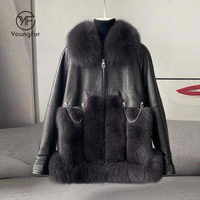 China Real Breathable Designers Fox Fur Sheepskin Leather Jacket Women Autumn Winter Bomber Jacket for sale