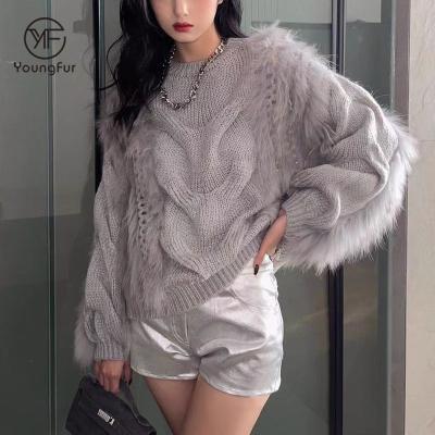 China Factory Outlet Lantern Sweater Women Causal Knitted Sexy Sweater Breathable Wool Crewneck Solid Sleeve Sweater With Fur Fox Fur Sweater for sale