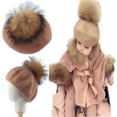 China JOINT Fashion Kids Plain Classic Wool Felt Real Fur Pom Pom Beret Spring Autumn Winter Kids French Beret Hat for sale