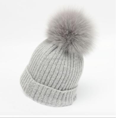 China JOINT Genuine Fox Fur Pom Pom Cashmere Mix Knit Winter Wool Hat Beanies For Women for sale