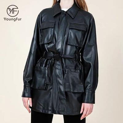 China Breathable Autumn Chic Stylish Belt Slim Waist Long Sleeve Sheepskin Shirt Jacket Women Real Leather Coat Clothing High Quality for sale