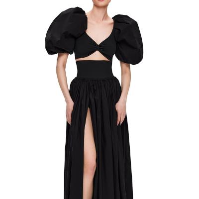 China 2022 new European and American two-piece mid-length slit blown sleeve maxi dress French anti-static maxi dress sets for sale