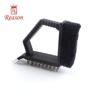 China Easily Cleaned Plastic Mini Size 3 In 1 Steel Wire BBQ Grill Brush Factory for sale