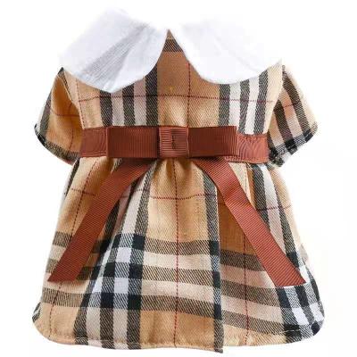 China Viable Fashion Khaki Plaid Pet Skirt Bowknot Lapel Dog Skirt Dog Dresses for sale