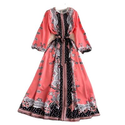 China Latest Design Anti-Static Women Fashion Maxi Dress Casual French Floral Print Retro Design Print Bubble Sleeves Long Slim Dress for sale