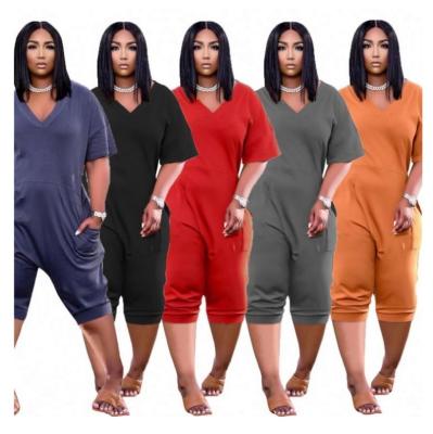 China Factory viable supply to low price solid color loose casual cropped one piece jumpsuit slim fit overalls women v-neck for sale