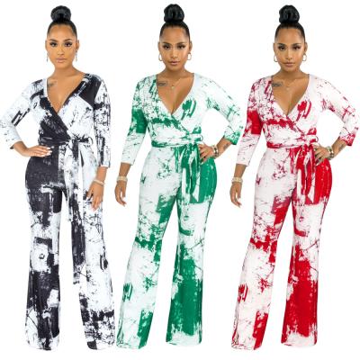 China New QUICK DRY printed V-neck tie dyed overalls with belt wide leg overalls plus size overalls for sale