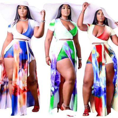 China Factory direct supply summer tie breathable floral dye print long short sleeve plus size 2 pieces set women dresses for sale