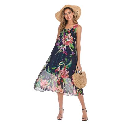 China Women 2021 Wholesale Hot Selling Breathable Floral Print Summer Sleeveless Ball Gown Mid-Calf Beach Dress For Fat Women for sale