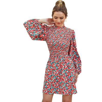 China New Women's 100% Polyester Smocked Dress Rosel Printed Long Lantern Sleeve Women's Fashion Style Anti-wrinkle 2021 Casual Dres for sale