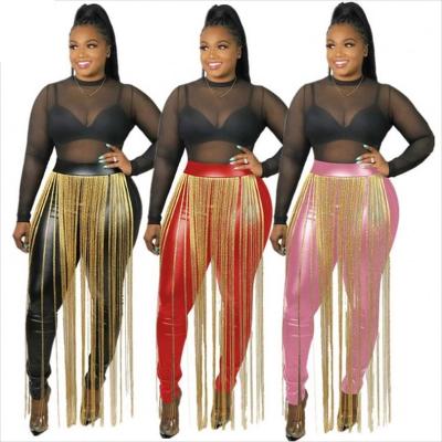 China Anti-Static Plus Size Fashion Skinny Solid Color Long Tassel PU Fashion Women Women Clothing Leather Pants for sale