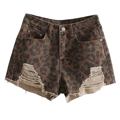 China 2021 Viable High Waist Denim Shorts Hot Sale Leopard Printing Hole Smudge Show Slim Flexible Show Leg Long Plus Size Hot Pants for sale