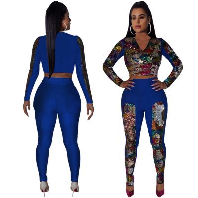 China Breathable two-piece double-sided colorful sequins autumn and winter sports suit nightclub sequined clothes for sale