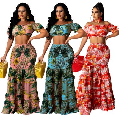 China Anti-wrinkle New Arrival Ladies Outfits Floral Print Casual Crop Tops Summer Women Long Skirts Two Piece Set for sale